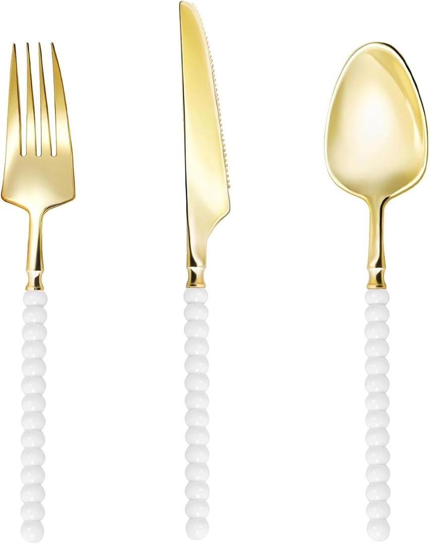 120 Pcs Gold Plastic Silverware,Gold Plastic Utensils with White Beads Handle,Fancy Disposable Cutlery Set Include 40 Forks 40 Knives 40 Spoons for Party & Wedding