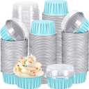 Gejoy 400 Pcs Aluminum Foil Baking Cups with Lids 5 oz Disposable Ramekins Mini Cake Pans Creme Brulee Cupcake Liners Muffin Tins Flan Mold Dessert Container for Wedding(Blue,Classic)