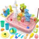 Play Sink with Running Water, 4-in-1 Kids Kitchen Sink Toys with Electric Faucet, Water Table Floating Pool Toy w/Fishing Game, Duck Slide, Pretend Play Dishwasher Set for Toddler Boys Girls (Pink) (Red)