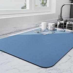 Ecotrim - Dish Drying Mat for Kitchen Counter | Coffee Bar Mat for Countertops | Heat Resistant Drainer Mat with Non-slip Rubber Backed | Hide Stain Kitchen Absorbent Draining Mat | Blue 16"x18"