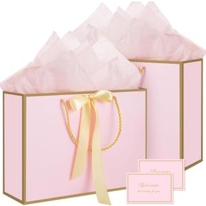 woric Pink Gift Bags with Handles, 14" Medium Gift Bags with Tissue Paper, 2 Pcs Pink Bags with 4 Tissue Paper and 2 Cards for Baby Shower Birthday Party Wedding Mother's Day
