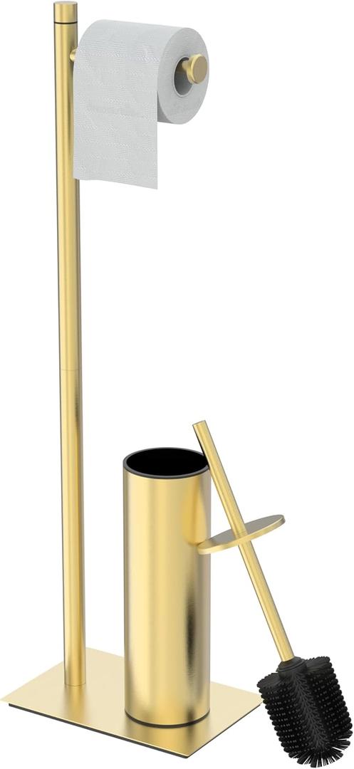RUACQ Toilet Paper Holder Stand with Toilet Brush and Holder Set, 304 Stainless Steel Bathroom Toilet Tissue Paper Roll Holder Free Standing, Weighted Base, Heavy Duty (Brushed Gold)
