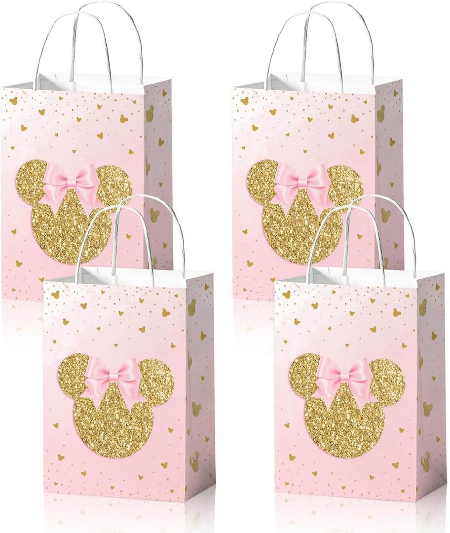 24pcs Cartoon Mouse Pink Golden Paper Gift Bag Party Favor Bags with Handle for Cookies Cakes Chocolates Candies Girls Party Baby Shower Decoration Supplies