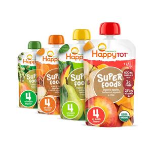 HAPPYTOT Organics Stage 4 Baby Food Pouches, Gluten Free, Vegan Snack, SuperFoods Fruit & Veggie Puree & Chia Variety Pack, 4.22 Ounce (Pack of 16), Best By: 12May26