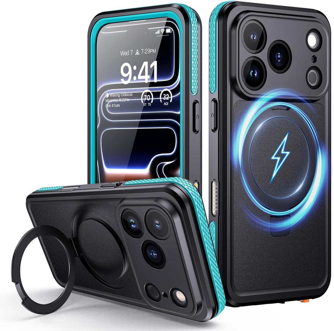 Lanhiem Magnetic for iPhone 17 Pro Waterproof Case, Dustproof Case Built-in Screen Protector, [Fit for MagSafe] [Invisible Stand] Shockproof Heavy Duty Underwater Case for iPhone 17 Pro (Blue)