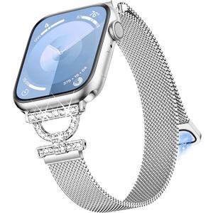 Compatible with Dressy Thin Designer Bling Apple Watch Bands for Women 40mm 41mm 38mm, D-shaped iWatch Bands for Slim Sparkly Diamond Apple Watch Series10 9 SE 8 7 6 5 4 3 2 1 Bracelet Sport Band (Silver)