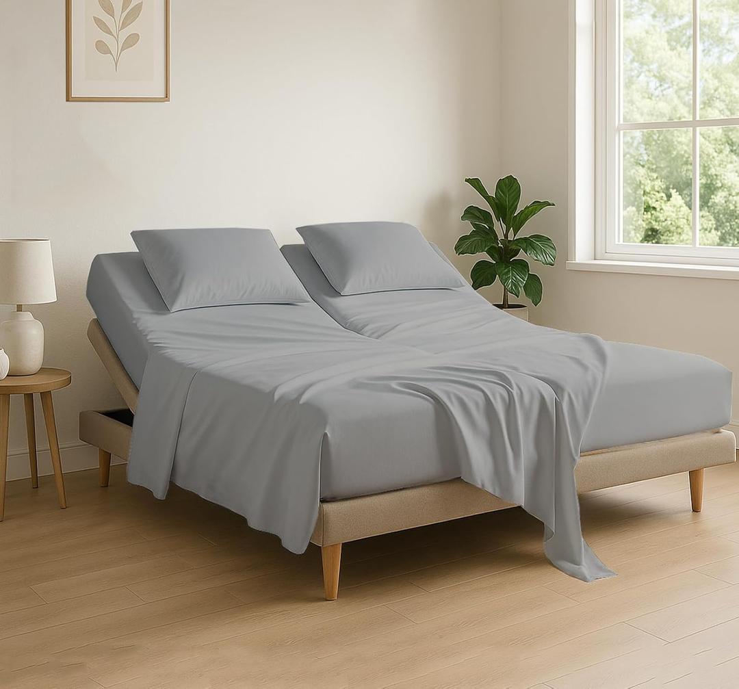 Cottingon 4 Piece Flex Head King Sheet Set, Top 34 Inch Split Sheets for Sleep Number Adjustable Beds, Soft Breathable 100% Egyptian Cotton, Fits Upto 16" Deep Mattress 78"X80"+ 34", Light Grey