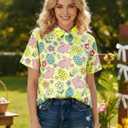 Easter Shirts for Women Happy Easter Hawaiian Shirt Funny Bunny Button Down T-Shirt Rabbit Graphic Tee Tops (Yellow, M)