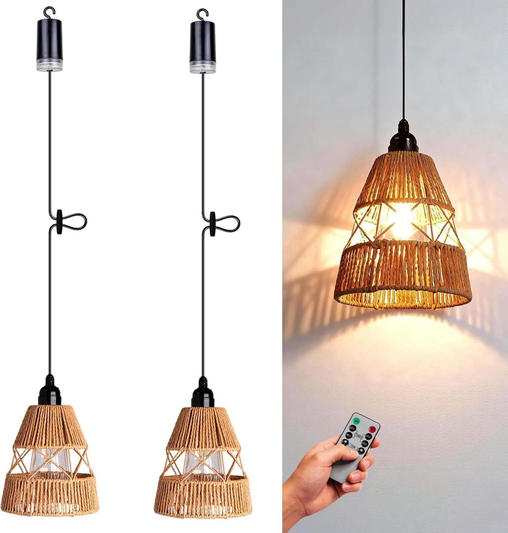 Battery Operated Chandelier Outdoor Waterproof, 2 Pack Hanging Pendant Light with Remote Control for Gazebo, Pergola, Porch, Balcony, Shed, Patio, Garden Decor