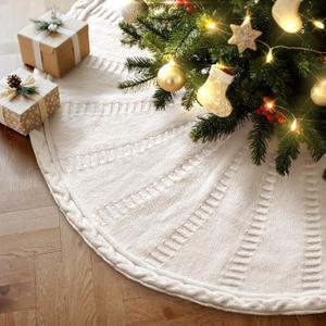 Lanpn Knitted Christmas Tree Skirt 16 inch, Cable Knit Xmas Tree Skirt Rustic Christmas Tree Mat for Small Mini Pencil Slim Artificial Trees Winter Home Party Holiday Indoor Xmas Decor (Beige, 40cm)