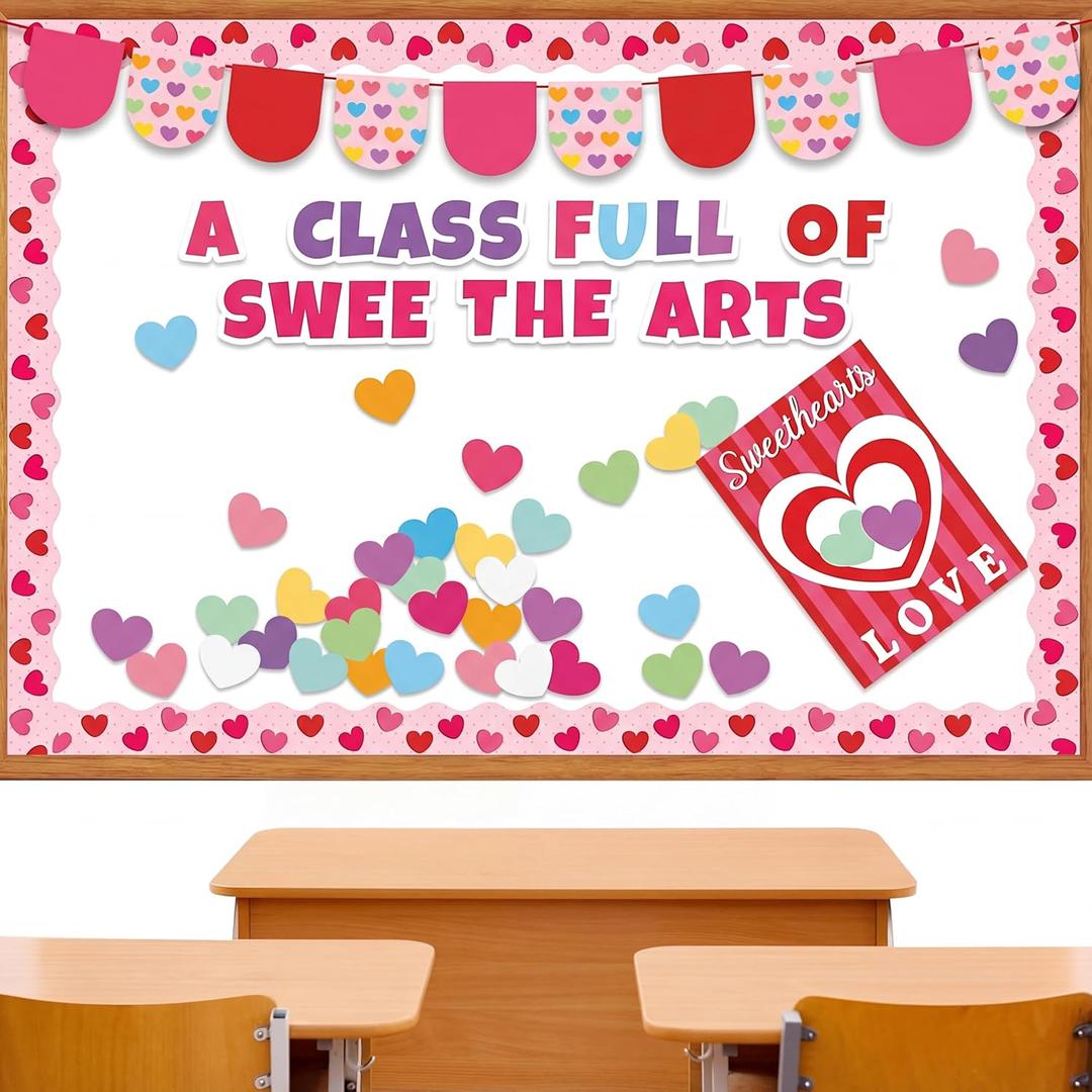 Gueevin 91 Pcs Valentine's Day Bulletin Board Set Love Heart Bulletin Board Decorations a Class Full of Sweethearts Themed Cutouts for Valentine's Day Office School Classroom Wall Decor