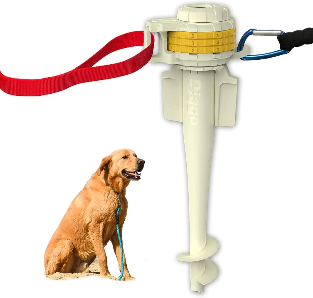 Diggo Dog Stake Beach Anchor - Dog Beach Essentials for All Dog Sizes - Unique 360 Head Rotating Combination Beach Lock System, Heavy Duty Tie Out Stake, Umbrella Sand Anchor, Designed for The Beach