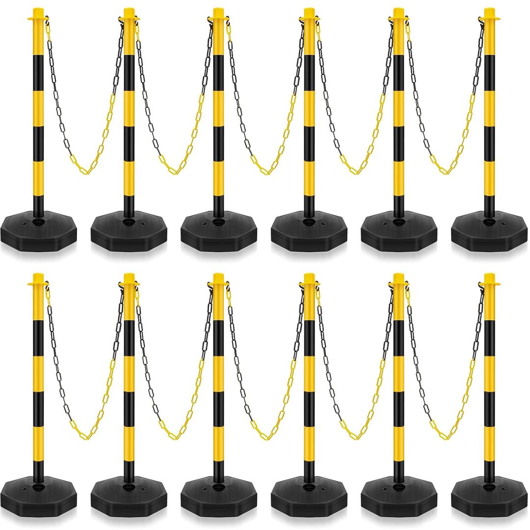 Traffic Delineator Post Cone, Plastic Stanchion Post Set Crowd Control Stands Barrier with 6.6 ft Link Chain and S Hooks for Parking Lot Construction Caution Roads, Yellow, Black (12 Sets)