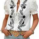 Women's Summer Tops 2026 Casual Ruffle V Neck Puff Short Sleeve Button Down Shirts Embroidered Blouses L