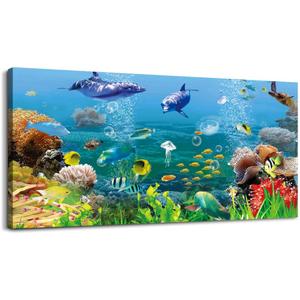 MHARTK66 Canvas Wall Art - Coral and Fish Modern Home Decor Stretched and Framed Ready to Hang Ocean Theme Sea Fish and sea Turtles Mediterranean Style Canvas Prints The living room Wall Decor (40L" x 20W")