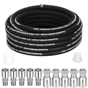 Frienda Hydraulic Hose 1/2" x 50 ft with 10 Pcs JIC 37° Female & NPF Male Hydraulic Hose Fittings – 4800 Psi Rated Tensile Steel Wire Braid for Industrial Construction Agricultural