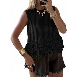 Saodimallsu Womens Crochet Crop Tank Tops Sleeveless Fringe Crew Neck Trendy Boho Knit Summer Sweater Vest, Small