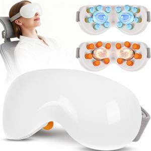 Eye Massager with Heat and Cooling for Migraines 14 Massage Nodes for Eye Strain Relief, Rechargeable Bluetooth Music, Improve Sleep,Eye Strain Relief, Birthday Gifts for Women and Men(White)