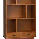 SIMPLIHOME Draper Bookcase - 64 inch Tall Solid Wood Wide Storage Bookshelf in Teak Brown, Mid-Century Modern Storage for Living Room, Study Room or Office with Adjustable Shelves and Tapered Legs
