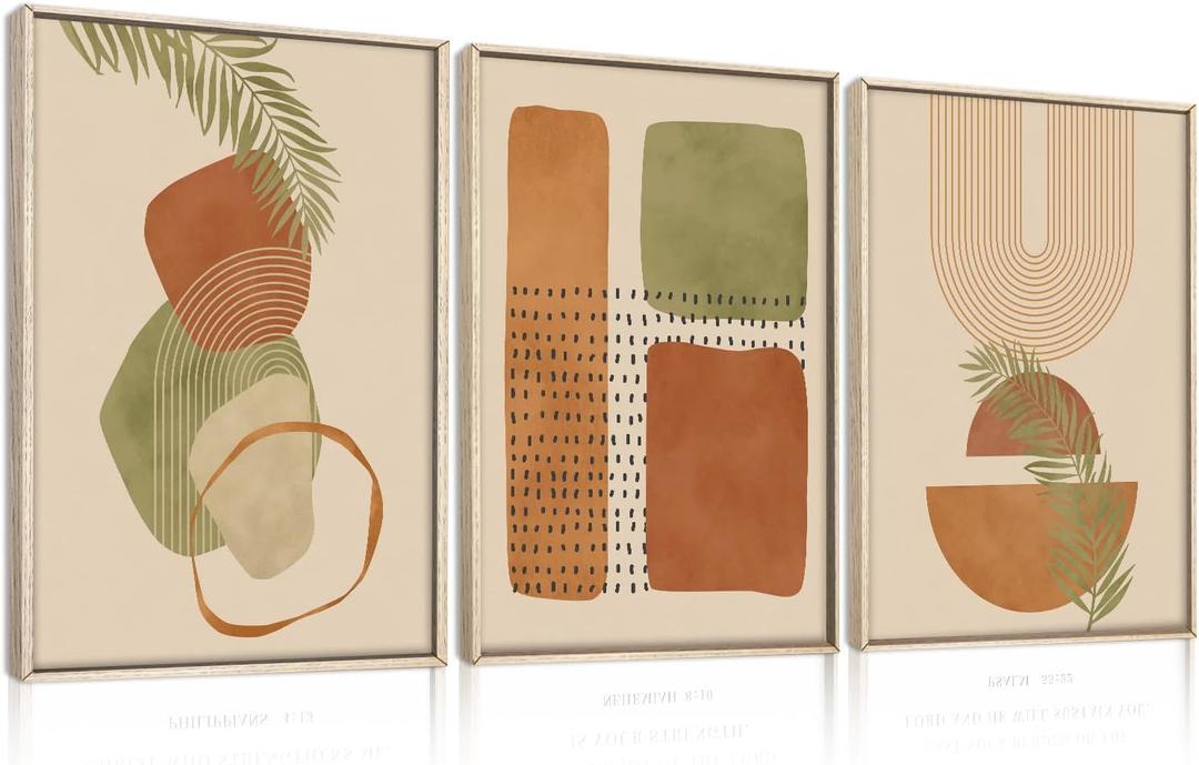 HOURIA Modern Boho Orange Geometric Framed Canvas Wall Art Set,Abstract Bohemian Arch Line Shape Decor,Mid Century Terracotta Sage Green Palm Leaf Botanical Artwork for Living Room,Farmhouse-16"x24"x3
