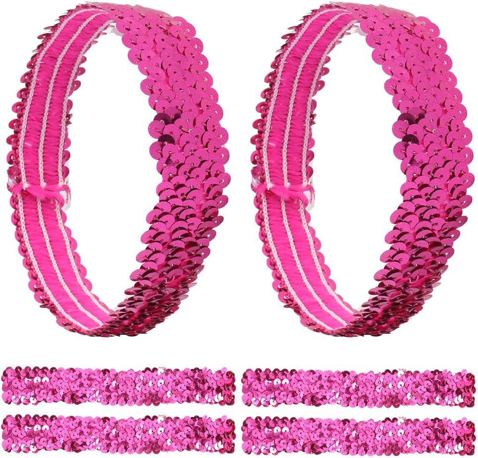 GORGECRAFT 12PCS Sequin Headband Elastic Glow Stretch Sparkle Glitter Fashion Adjustable Hair Band Accessories Set for Women Sports Dance Party Teams Store(Deep Pink)