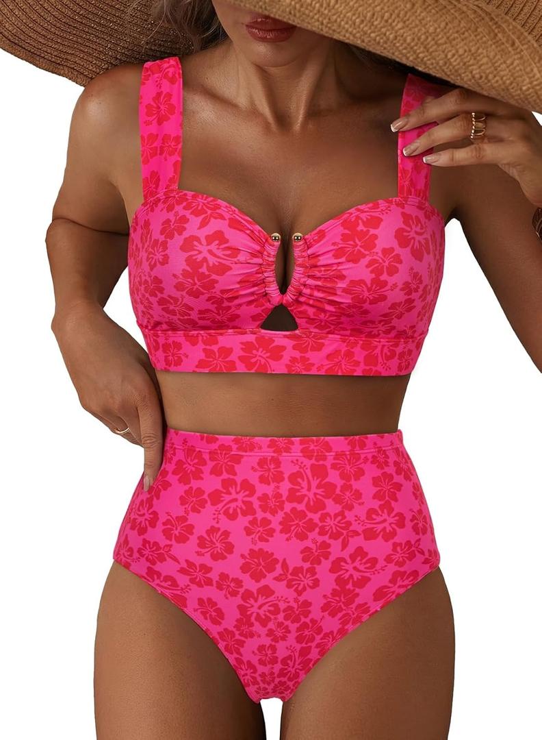 Herseas Women's 2 Piece U Wire Cutout Bikini Sets Floral Print High Waisted Swimsuit 2026 Summer Beach Swim Bathing Suit, Size M
