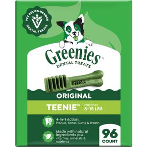 Greenies Veterinarian-Recommended Adult Natural Dental Dog Treats Teenie Size, Dog Dental Chews, Original Flavor, 27 oz. Pack, 96 Count 5-15lbs, BBD 08/02/2027