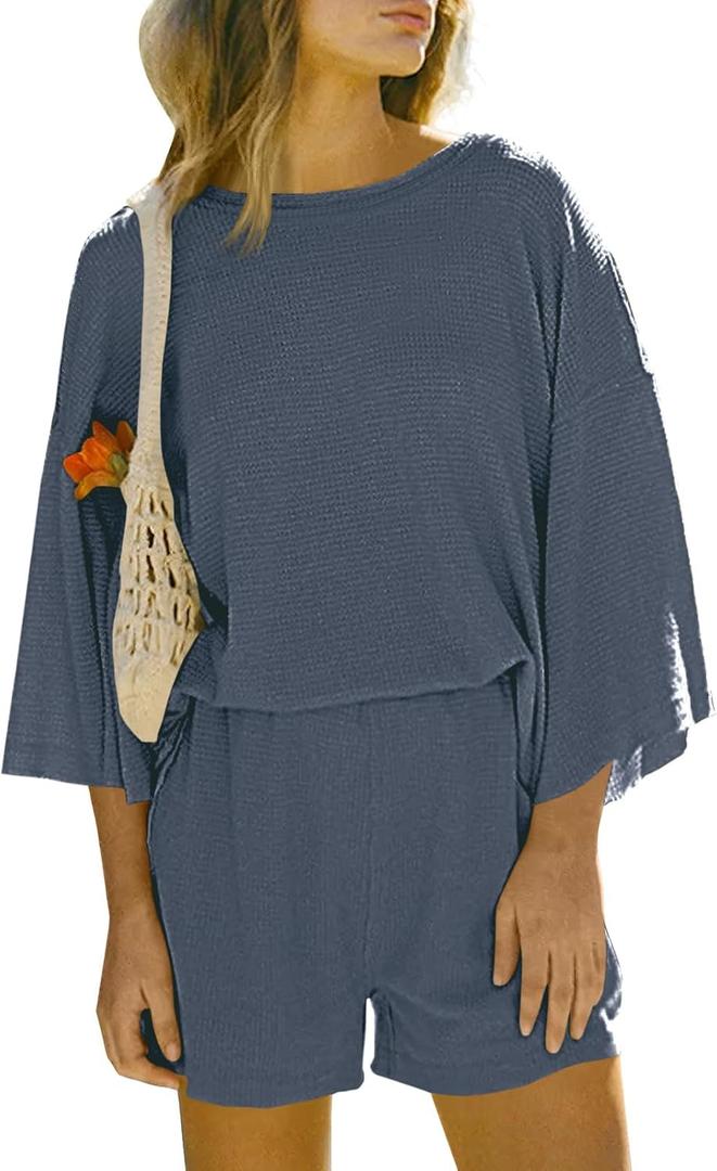Tankaneo Womens Short Sets 2 Piece Outfits 3/4 Sleeve Tops and Elastic Waist Shorts Lounge Set Casual Loungewear (Small, Dark Blue)