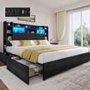 DWVO Queen Size Bed Frame with Bookcase Headboard and 4 Storage Drawers, RGB LED Bed Frame with Type-C & USB Charging Station Storage Headboard Bed, No Box Spring Needed, Noise Free, Black