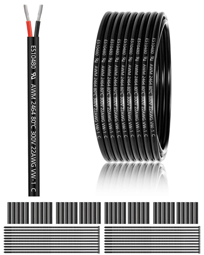 22 Gauge 2 Conductor Electrical Wire 100FT, UL 2464 22 AWG 2 Wire Cable Tinned Copper PVC Stranded 22/2 Core Wire for LED Strips Lighting, Outdoor Low Voltage Extension Cable, Automotive etc.
