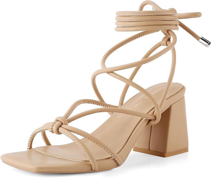 Shoe'N Tale Lace Up Heels for Women Ankle Strappy Gladiator High Heeled Sandals Chunky Block Heel Square Open Toe Criss Cross Dress Shoes Size 9.5