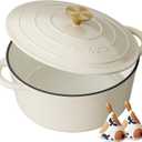 Enameled Cast Iron Dutch Oven - 6QT Pot with Lid & Cotton Potholders - Heavy-Duty Cookware for Braising, Stews, Roasting, Bread Baking, Oven Safe up to 500 F & Across All Cooktops, Cream White