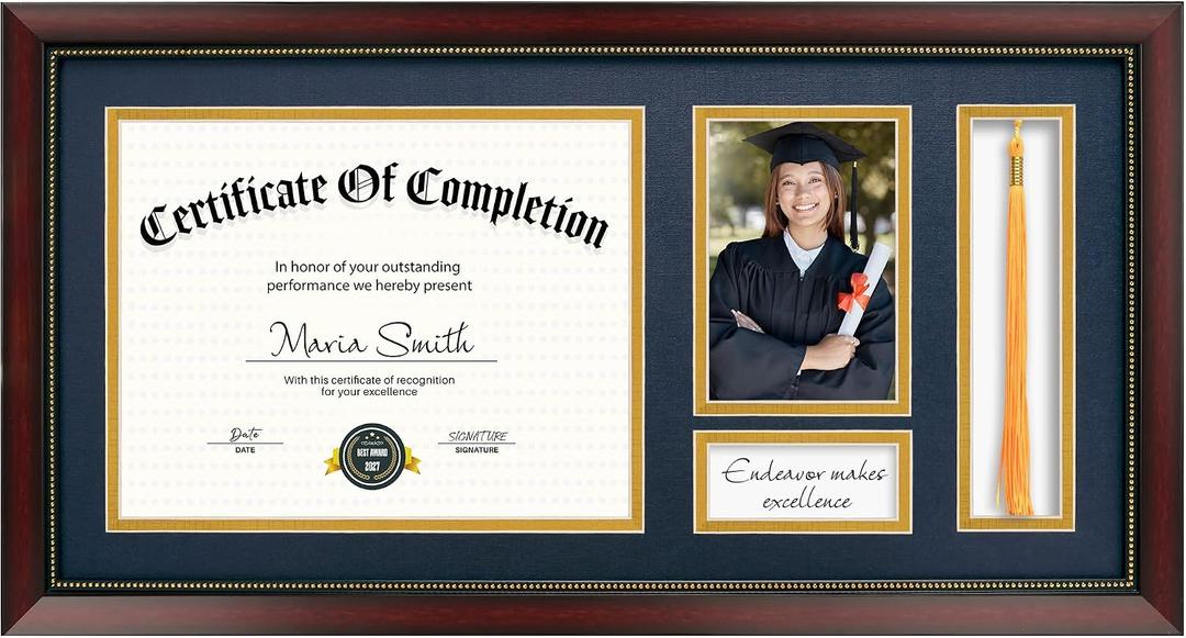 4 x 11x22 Diploma Frame with Tassel Holder, Graduate Frame for 8.5x11 Certificate Document and 4x6 Photo, Linen Texture Blue over Gold Double Mats, HD Real Glass, Mahogany with Gold Beads Embossing