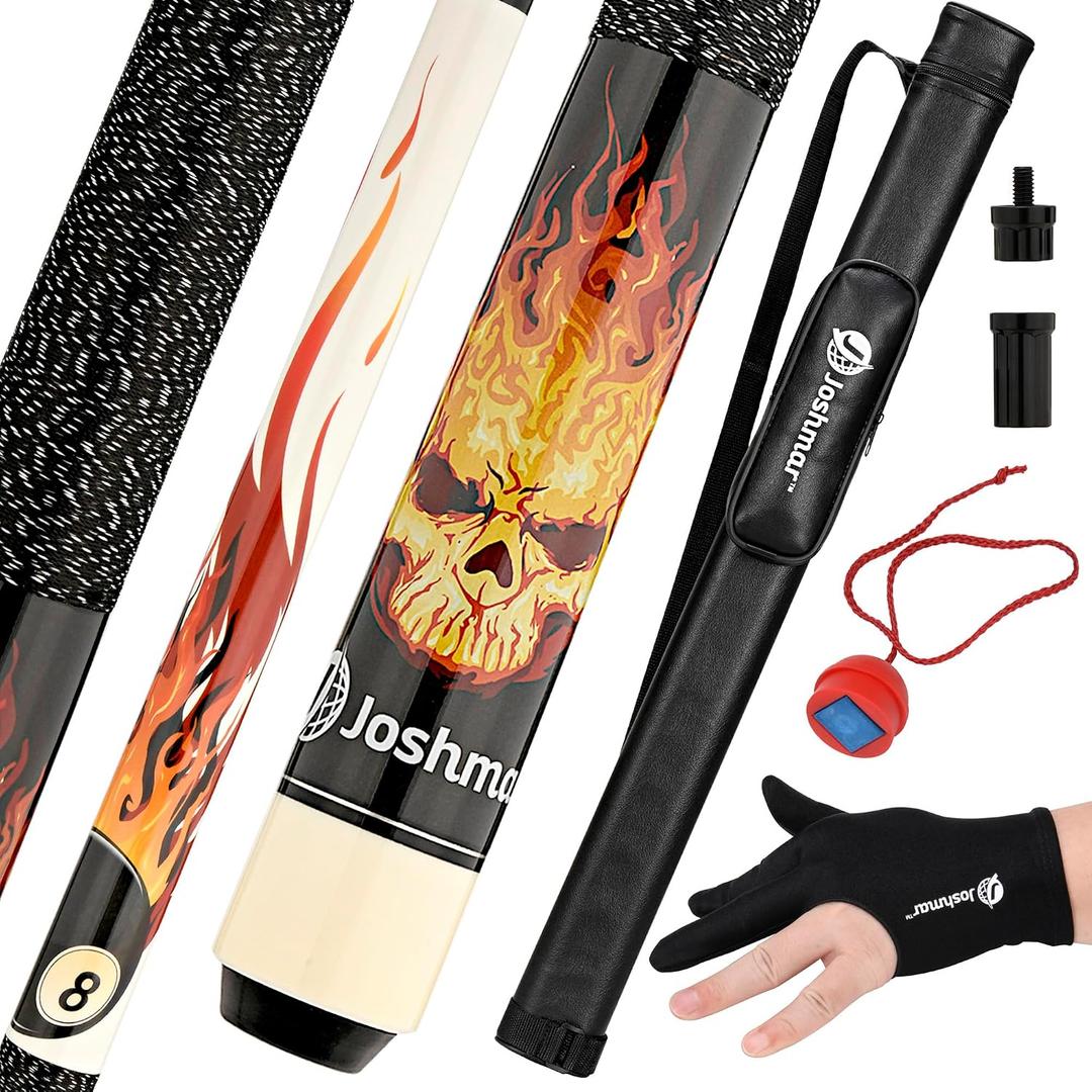 Joshmar Pool Cue Stick 58" 2-Piece Canadian Maple Billiard Cue 19oz, 13mm Tip, Includes Hard Case, Glove & Chalk Complete Set for Beginners, Adults & Gift