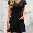 Summer Dresses for Women 2025 Casual V Neck Flutter Short Sleeve Mini Dress Beach T Shirt Sundress with Pockets (Black, L)