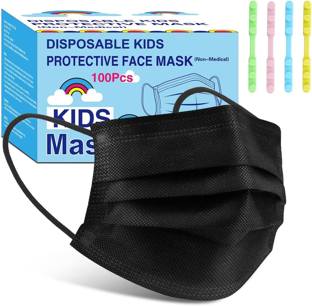 Rasav Kids Disposable Face Masks,3 Ply Kids Masks Disposable Breathable Colorful Cute Face Masks for Children, Girls & Boys (100 pcs Not Individually wrapped Black)
