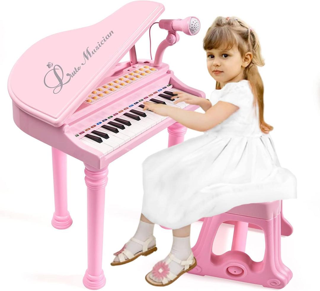 31 Keys Piano Keyboard Toy for Kids, Birthday Gift for 1 2 Year Old GirlsPink Musical Piano Toy for Toddlers with Microphone and Stool