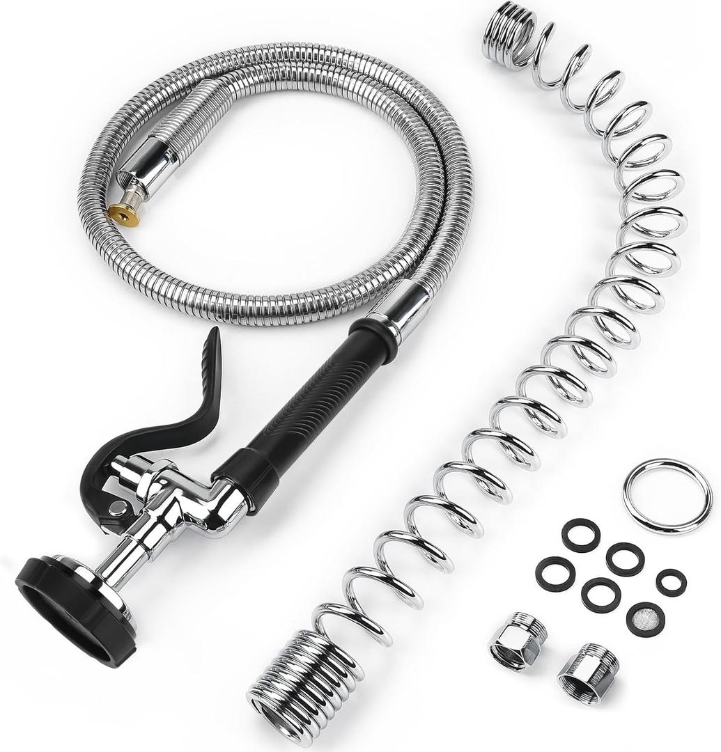 Spray Valve with 45" Flexible Stainless Steel Hose & Pre-Rinse Overhead Spring, Commercial Faucet Flexible Hose with Spray Head Replacement Kit for Commercial Restaurant Industrial Kitchen Sink Faucet
