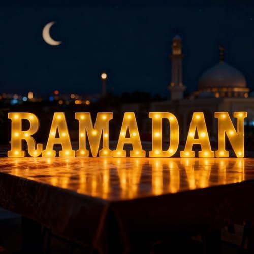Ramadan Decorations, Letter Sign LED Lights Battery Powered, Light Up Home Table Decor Hanging Decorations Indoor Outdoor