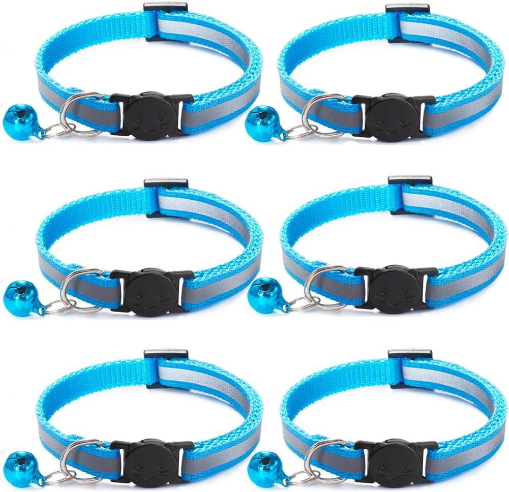 6 Pack Reflective Cat Collar with Bell, Breakaway and Safe Collars for Cats, Nylon, Pet Collar Adjustable19-32cm (Sky Blue)