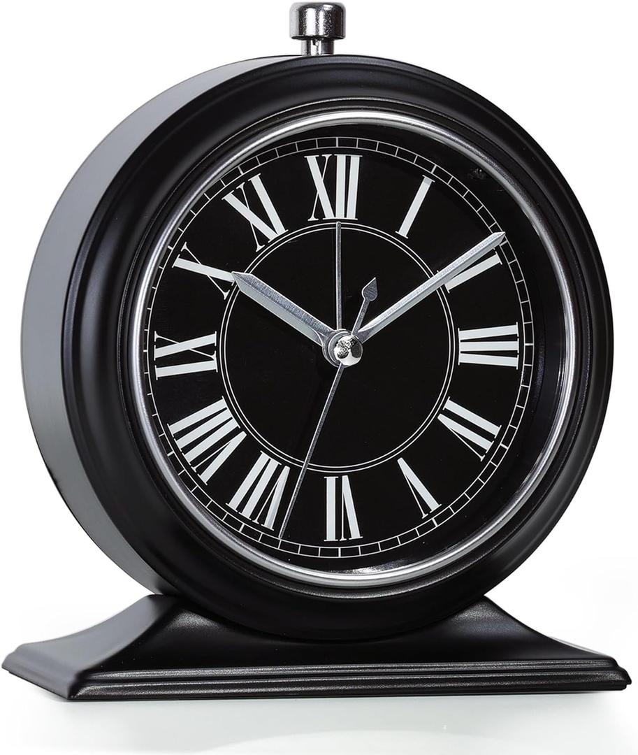 AYRELY 4-inch Battery Operated Alarm Clock Silent Analog Desk Clocks with Light Vintage Metal Table Clock for Living Room Shelf Bedside Home Decor (Black-Roman)
