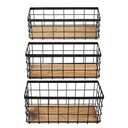 TIEYIPIN Farmhouse Decor Metal Wire Storage Baskets, Wood Base Containers Organizing Basket Caddy Bin for Kitchen Cabinets, Bathroom, Pantry, Garage, Laundry Room, Closets - Small - Black (Set of 3)