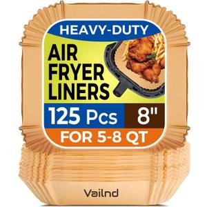 Air Fryer Paper Liners, 125Pcs Parchment Paper, Air Fryer Liners Disposable for Microwave, Non-Stick Air Fryer Liner Square Free of Bleach (8IN)