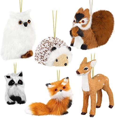 Zhanmai 6 Pieces Christmas Hanging Owl Ornament Cute Christmas Furry Fox Ornaments Animal Ornament Woodland Tree Decoration for Holiday Xmas Tree Home Party Decoration