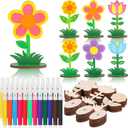 54 Pcs DIY Wooden Flowers Painting Craft Kit Mother's Day Crafts 30 Paint Your Own Wood Flowers Cutout Slices with 24 Colored Pens for Spring Party Activities Art Projects Gifts