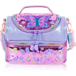 Kids Double Decker Cooler Insulated Lunch Bag, Back to School Large Meal Tote for Boys, Girls, Men, Women, with Adjustable Strap, Butterfly