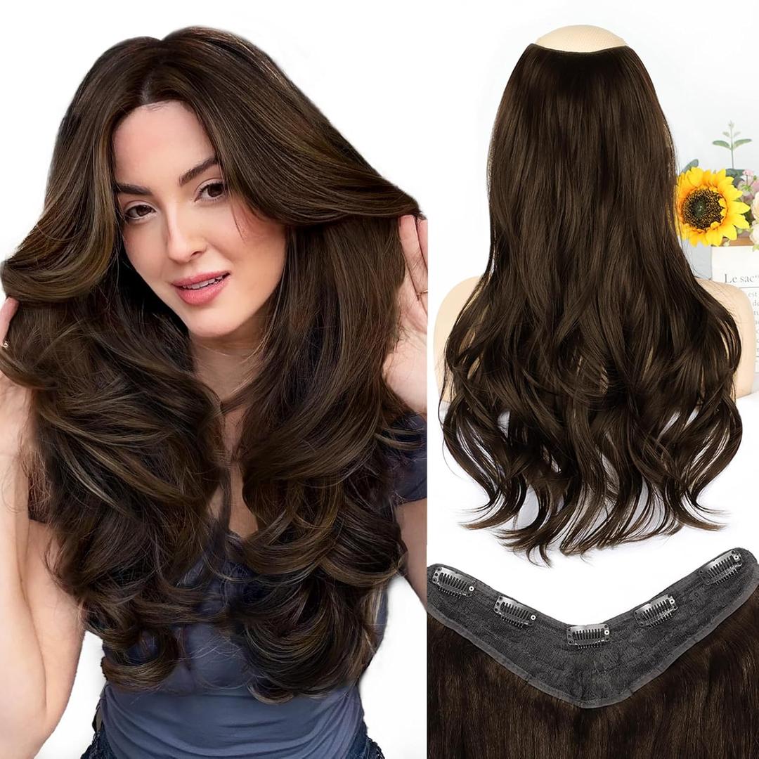 ALXNAN Long Wavy Hair Extensions for Women, Clip in Hair Extensions Clip Ins Soft Full Head Synthetic Hairpieces 20 Inch Chocolate Brown with Dark Brown