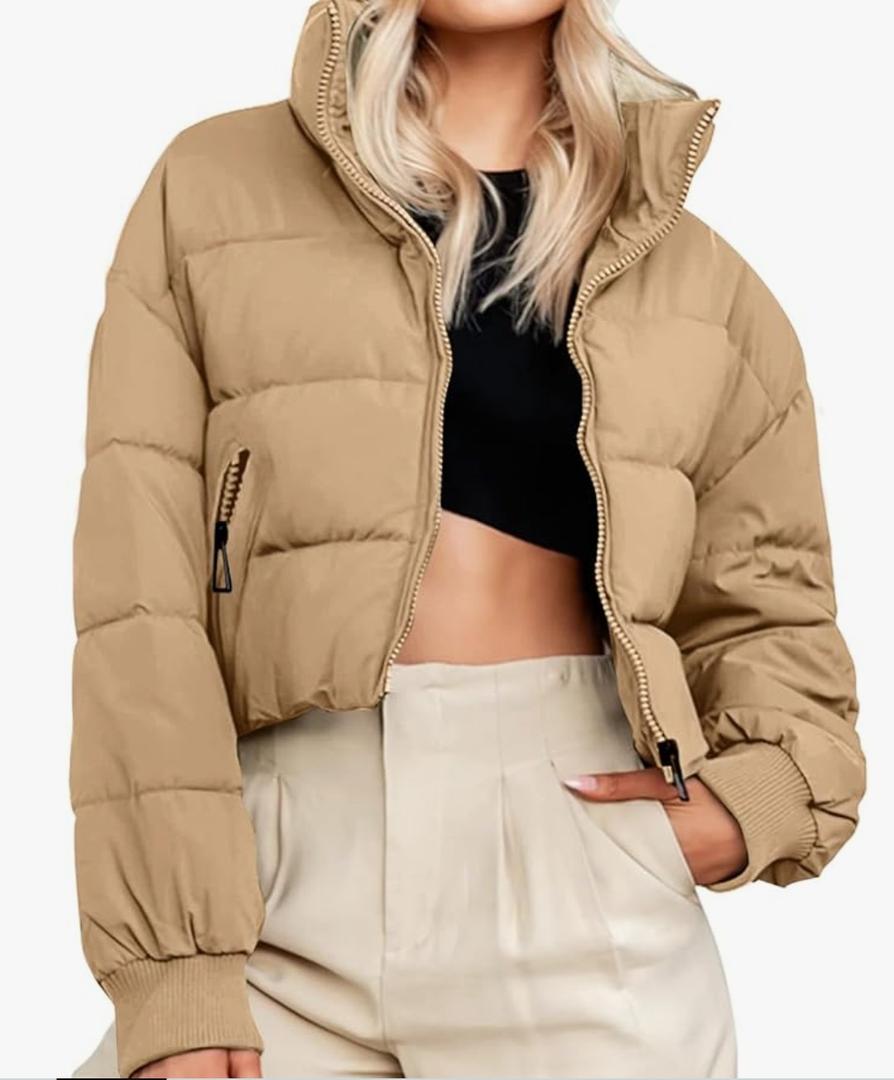 MEROKEETY Women's 2025 Winter Cropped Puffer Jacket Long Sleeve Oversized Stand Collar Zip-Up Short Coat, Medium, Khaki 