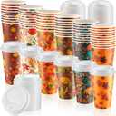 60 Pcs Fall Disposable Coffee Cups with Lids 16oz Maple Leaves Paper Cups Beverage Drinking Cup for Thanksgiving Harvest Autumn Party Restaurant Travel Business Supplies, 10 Styles