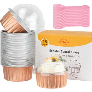 5oz Cupcake Baking Cups with Lids 25 Pack, Foil Muffin Tin Mini Cake Pans Small Cupcake Containers, Disposable Creme Brulee Ramekins Liners for Bake Sales Wedding-Champagne